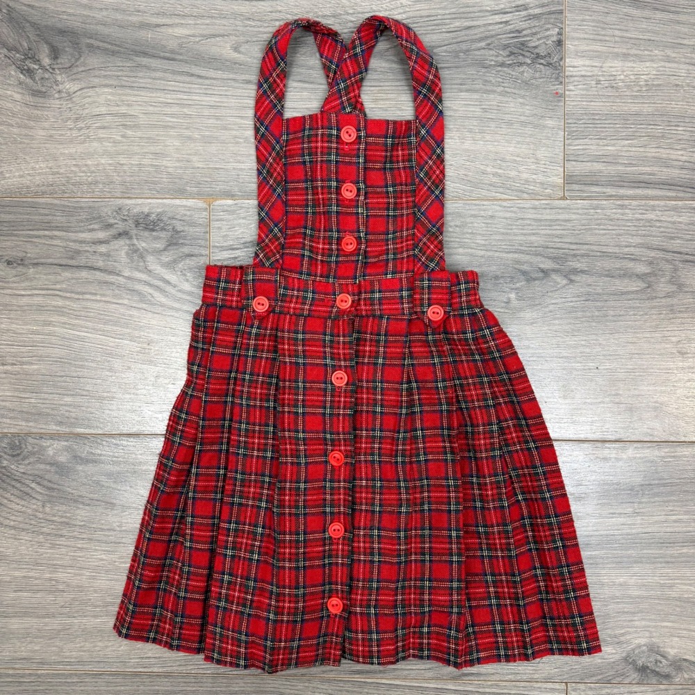 Vtg Her Majesty Girls‎ Red Tartan Suspender Dress Size 4 Wool Blend Pleated USA